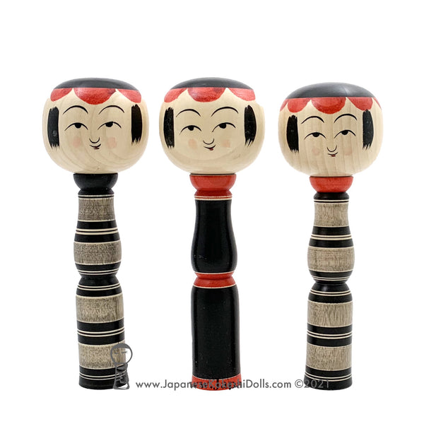 Kokeshi. Ltd Edition! Modern Striped Kokeshi Dolls. Black, White, Red. Yajiro. Kamata.