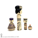 BRAND NEW! Delightful Group of Four Traditional (dento) Kokeshi Dolls by Yoshimi Koyama.