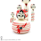 Kokeshi. NEW! Darling Family of Kokeshi Dolls. BIG Eyes. Red Stripes. By Tsukasa Wagatsuma.