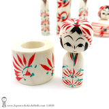 Kokeshi. NEW! Darling Family of Kokeshi Dolls. BIG Eyes. Red Stripes. By Tsukasa Wagatsuma.
