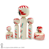 Kokeshi. NEW! Darling Family of Kokeshi Dolls. BIG Eyes. Red Stripes. By Tsukasa Wagatsuma.
