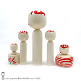 Kokeshi. NEW! Darling Family of Kokeshi Dolls. BIG Eyes. Red Stripes. By Tsukasa Wagatsuma.