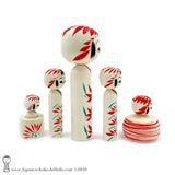 Kokeshi. NEW! Darling Family of Kokeshi Dolls. BIG Eyes. Red Stripes. By Tsukasa Wagatsuma.