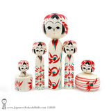 Kokeshi. NEW! Darling Family of Kokeshi Dolls. BIG Eyes. Red Stripes. By Tsukasa Wagatsuma.