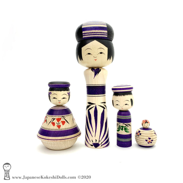 NEW! Family of Four Unique Traditional Kokeshi Dolls by Yoshimi Koyama.