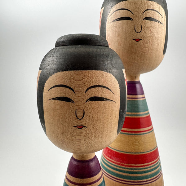 Tsugaru kokeshi doll pair. Vintage dolls--gorgeous---from JapaneseKokeshiDolls.com. Taller doll is 30 cm (12 inches) tall.