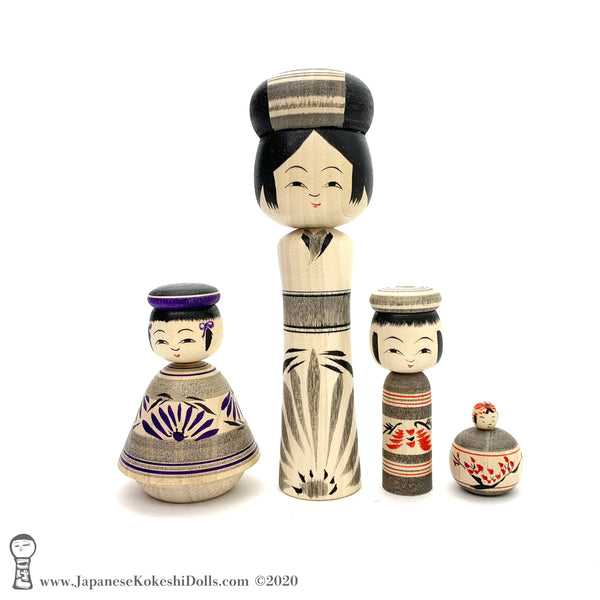 BRAND NEW! Delightful Group of Four Traditional (dento) Kokeshi Dolls by Yoshimi Koyama.