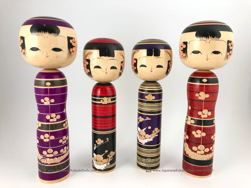 Kokeshi Family. NEW! Four Purple & Red Kokeshi by Isao Sasaki. Beautiful!