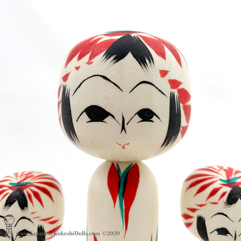 Kokeshi. NEW! Darling Family of Kokeshi Dolls. BIG Eyes. Red Stripes. By Tsukasa Wagatsuma.
