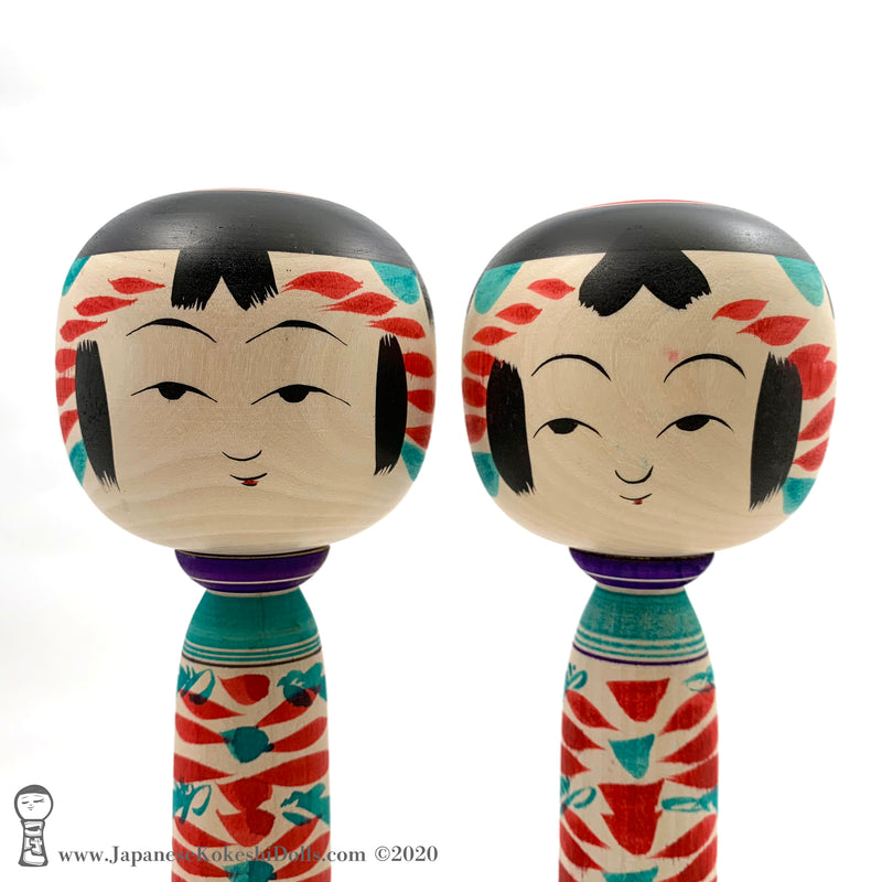 Kokeshi Doll Pair. NEW! Green & Red Kokeshi Pair by Takashi & Minae Kamata.