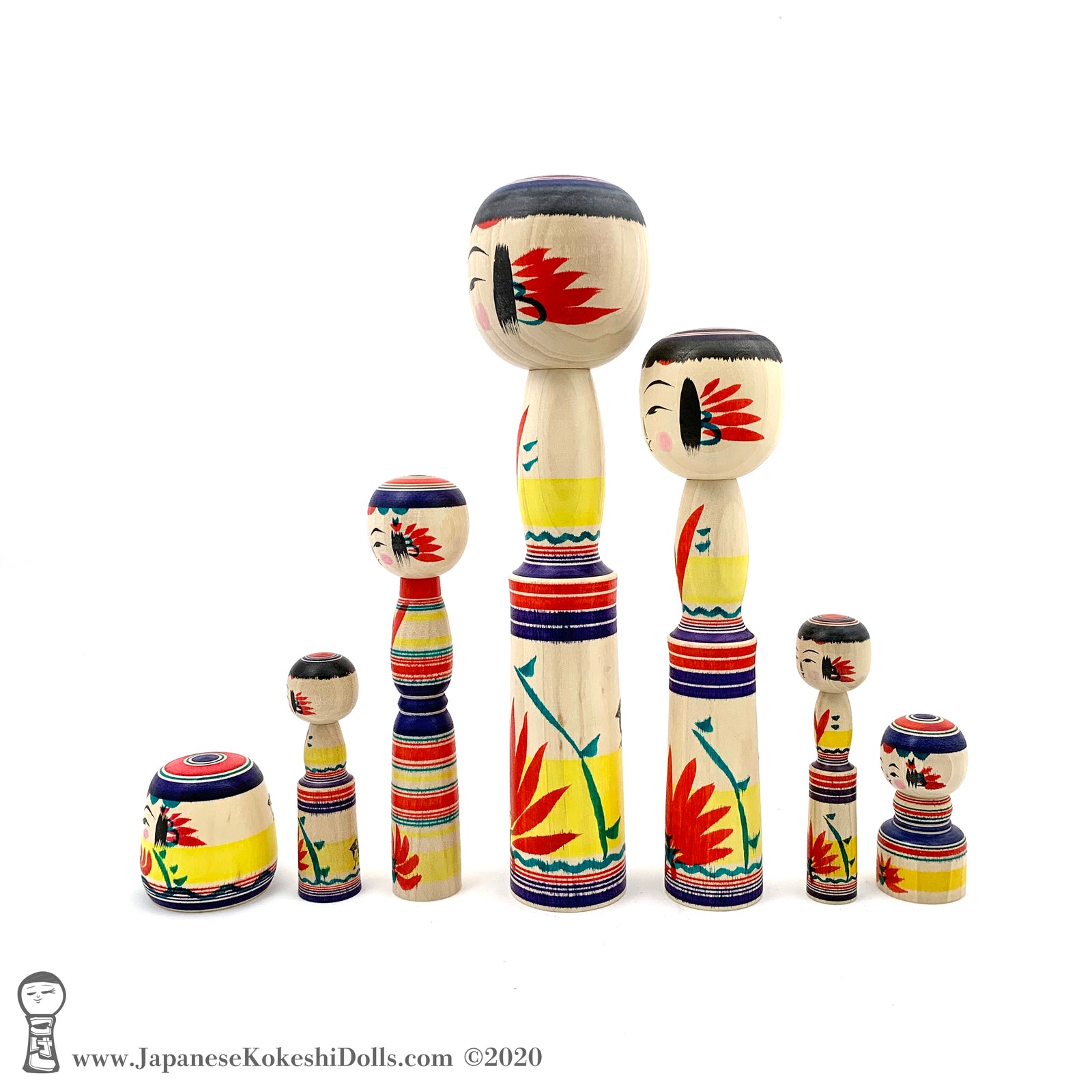 Kokeshi Dolls. Family of 7 BRAND NEW Colorful Kokeshi Dolls by