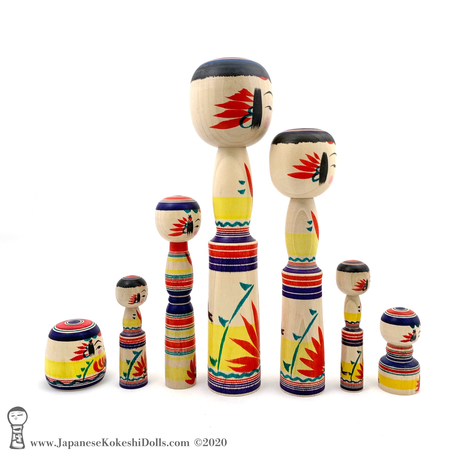 Kokeshi Dolls. Family of 7 BRAND NEW Colorful Kokeshi Dolls by