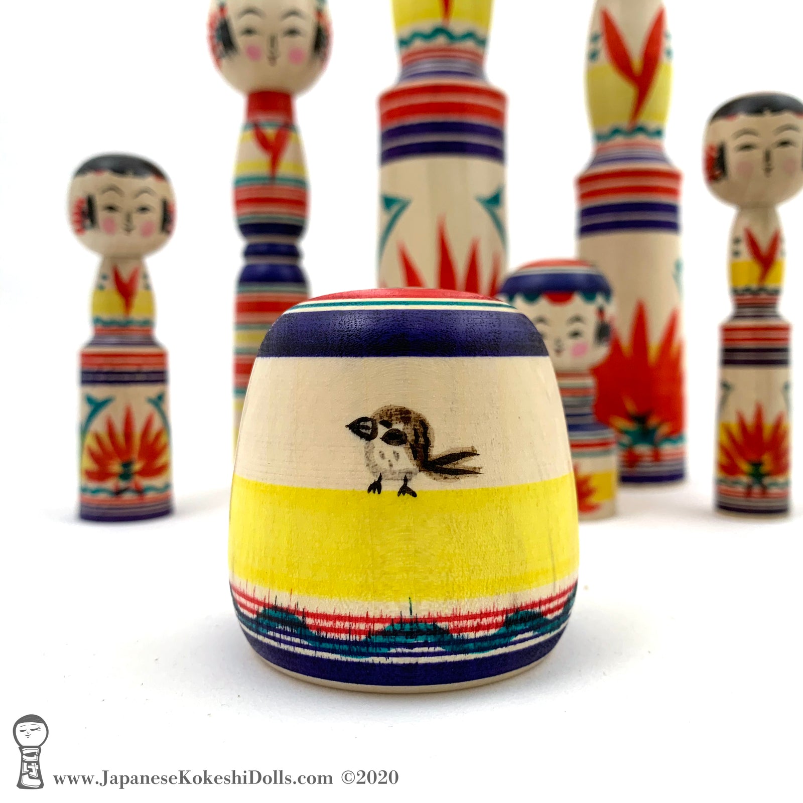Kokeshi Dolls. Family of 7 BRAND NEW Colorful Kokeshi Dolls by
