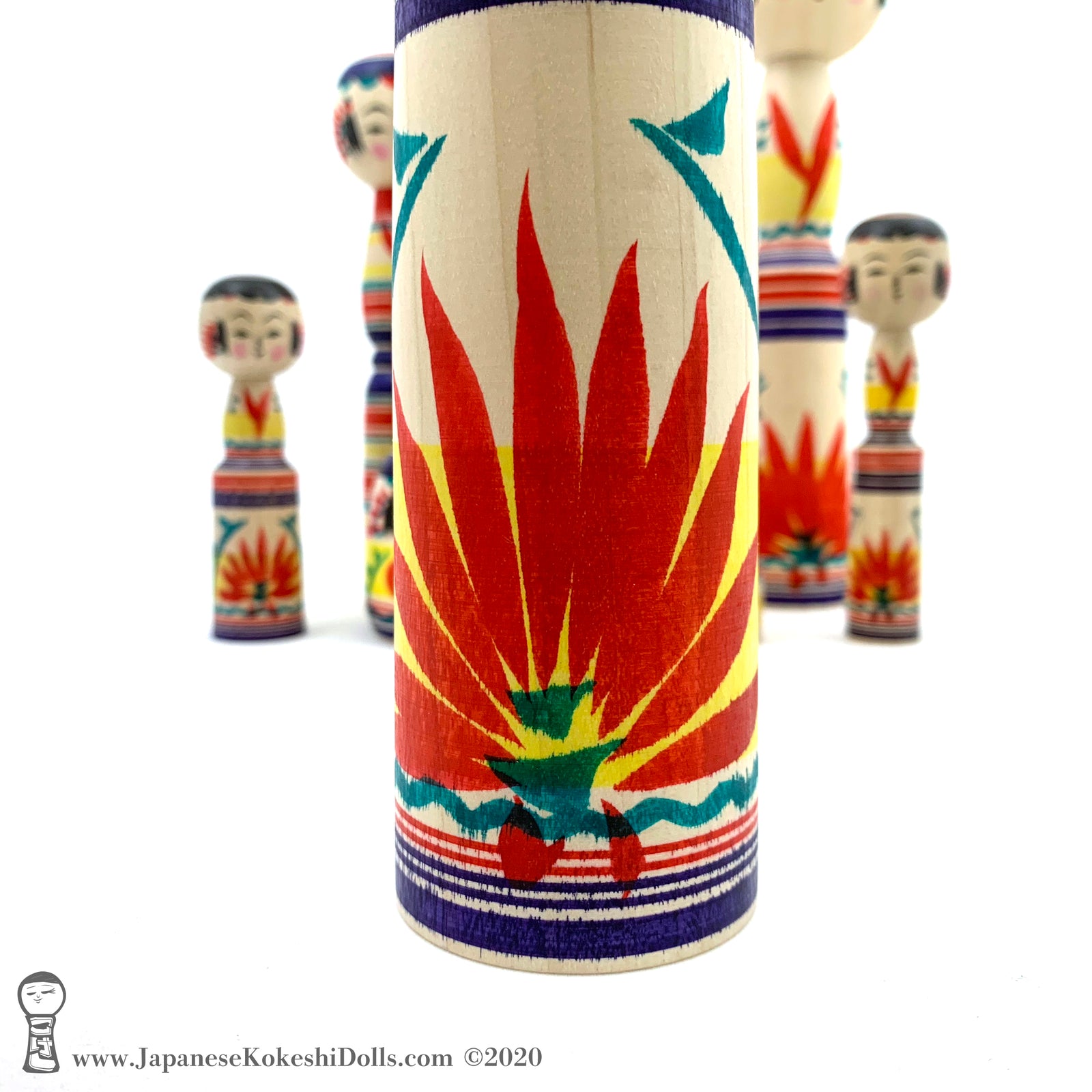 Kokeshi Dolls. Family of 7 BRAND NEW Colorful Kokeshi Dolls by