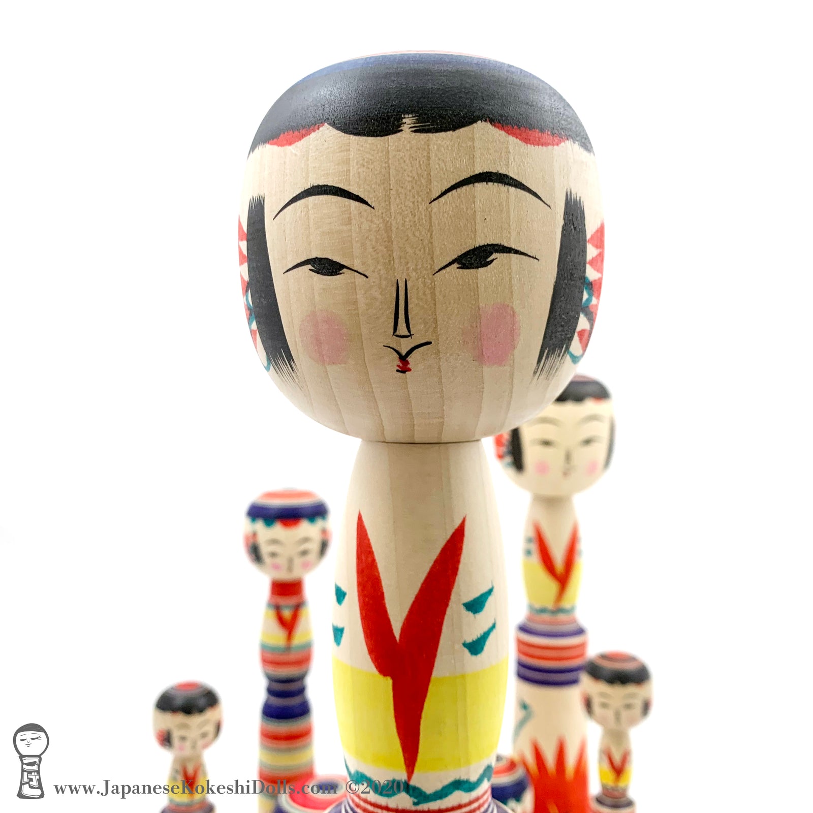 Kokeshi Dolls. Family of 7 BRAND NEW Colorful Kokeshi Dolls by