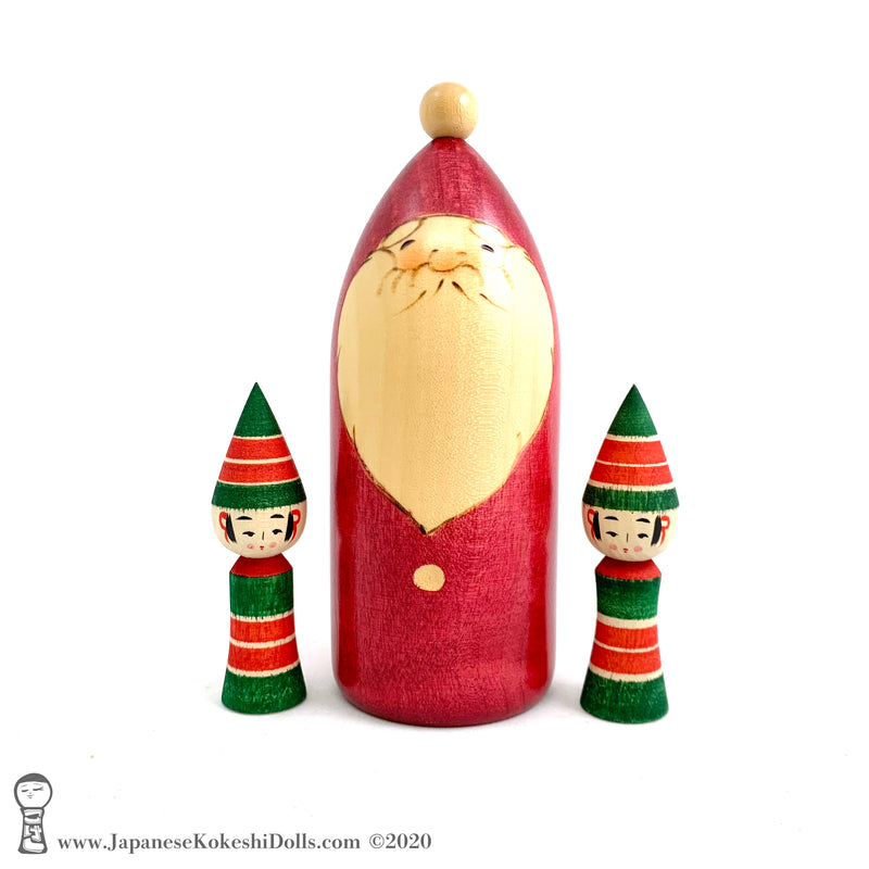 Kokeshi. Santa & Two Elves. Christmas Kokeshi Dolls. Japanese Wooden Dolls.