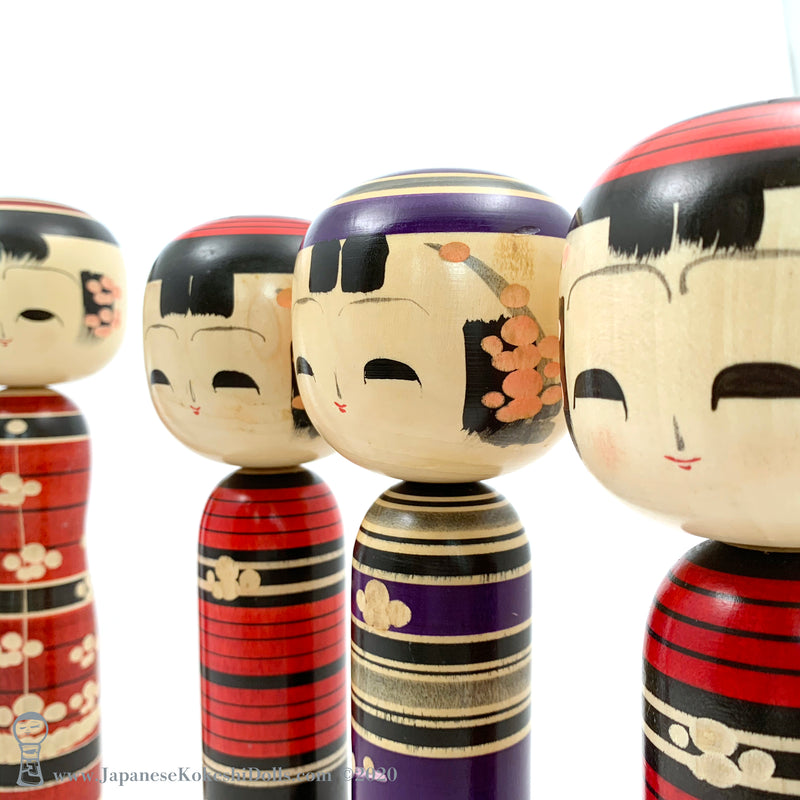 Kokeshi Family. NEW! Five Purple & Red Kokeshi by Isao Sasaki. Beautiful!