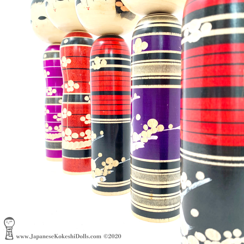 Kokeshi Family. NEW! Five Purple & Red Kokeshi by Isao Sasaki. Beautiful!