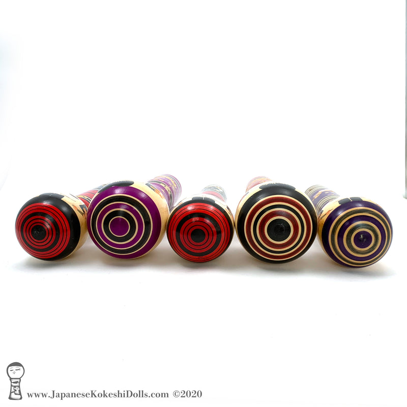Kokeshi Family. NEW! Five Purple & Red Kokeshi by Isao Sasaki. Beautiful!