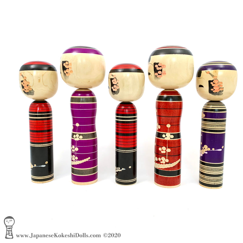 Kokeshi Family. NEW! Five Purple & Red Kokeshi by Isao Sasaki. Beautiful!