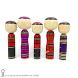Kokeshi Family. NEW! Five Purple & Red Kokeshi by Isao Sasaki. Beautiful!