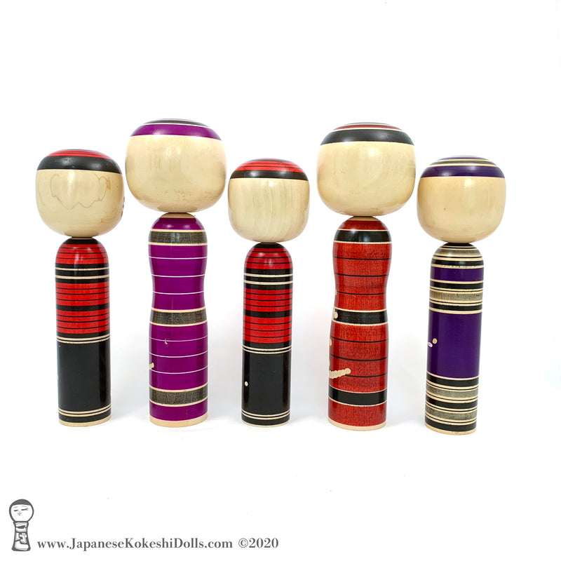 Kokeshi Family. NEW! Five Purple & Red Kokeshi by Isao Sasaki. Beautiful!