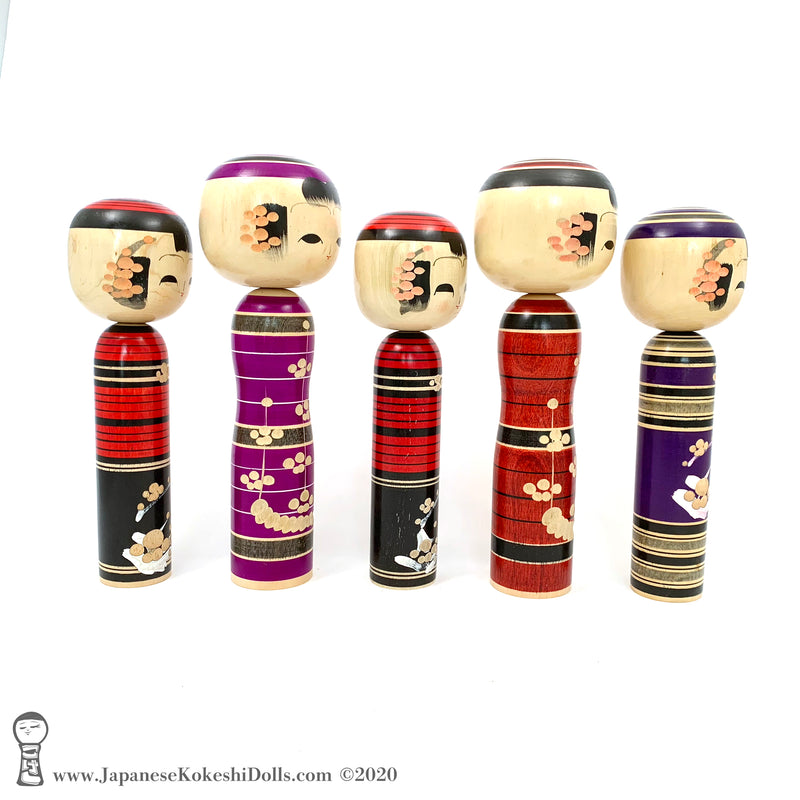 Kokeshi Family. NEW! Five Purple & Red Kokeshi by Isao Sasaki. Beautiful!
