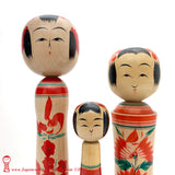 Vintage Kokeshi Dolls. Family of Three Delightful Traditional Kokeshi. Colorful Handmade Japanese Wooden Dolls.