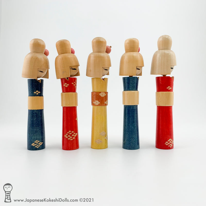 Kokeshi Collection. FIVE Adorable Vintage Kokeshi Dolls. COLORFUL!