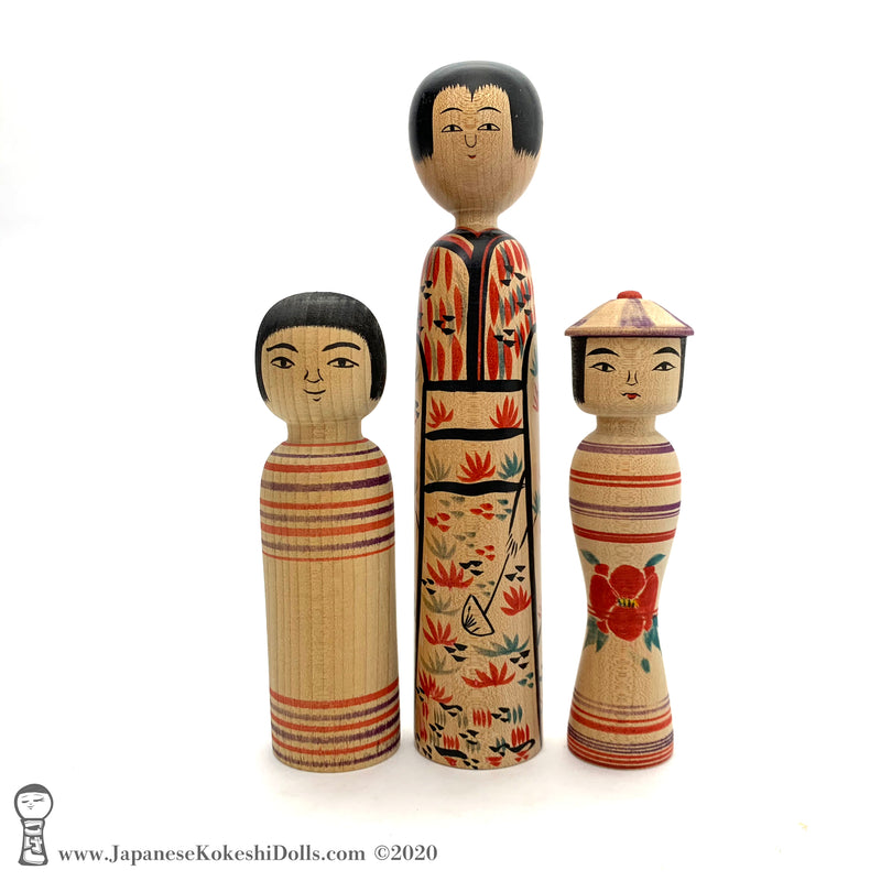 Vintage Kokeshi Family. Quirky Kokeshi Dolls. Traditional Kokeshi. Kijiyama. Tsugaru.