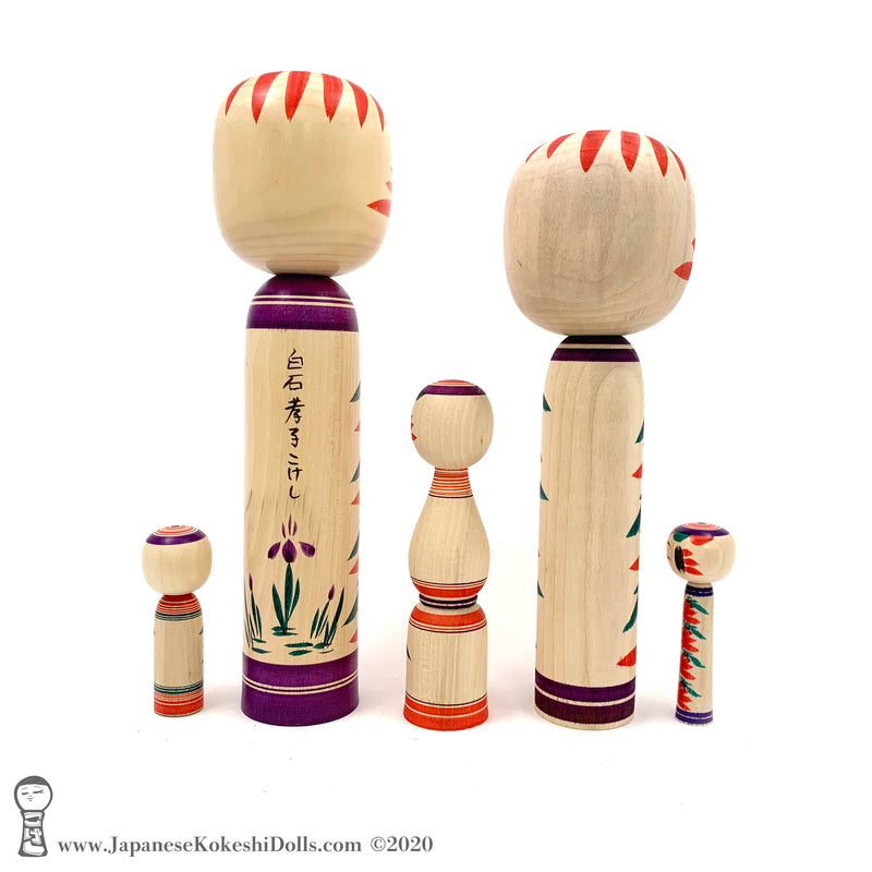 Kokeshi Family of Five. Brand New Traditional Kokeshi by Takashi Kamata. Dento Kokeshi.